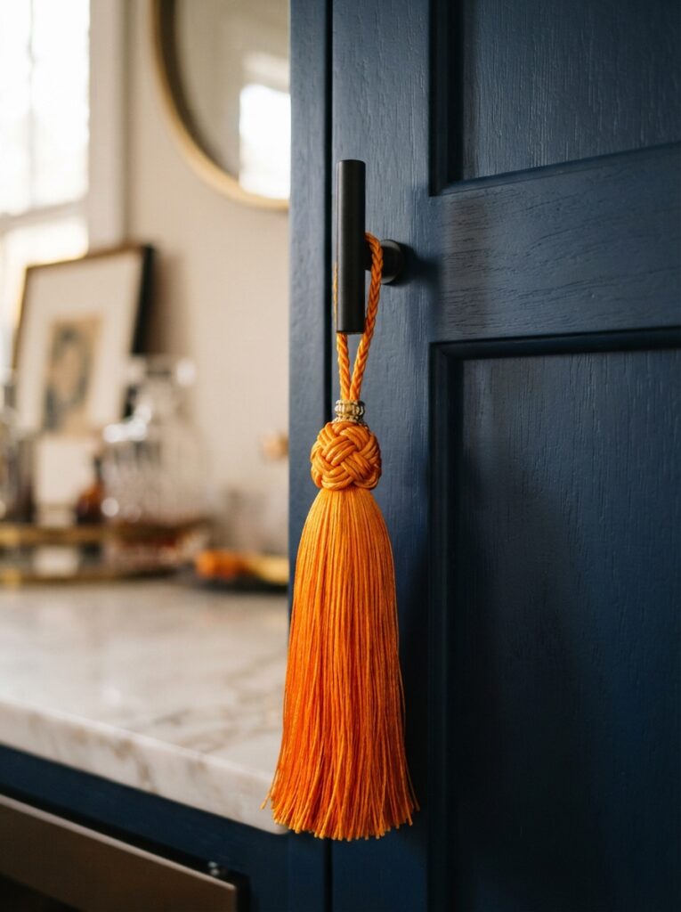 ![Close-up of a matte black metal cabinet handle adorned with a thick, luxurious bright orange silk tassel, elegant interior detail, soft ambient lighting, vertical Pinterest photography, subtle bespoke hardware styling.]