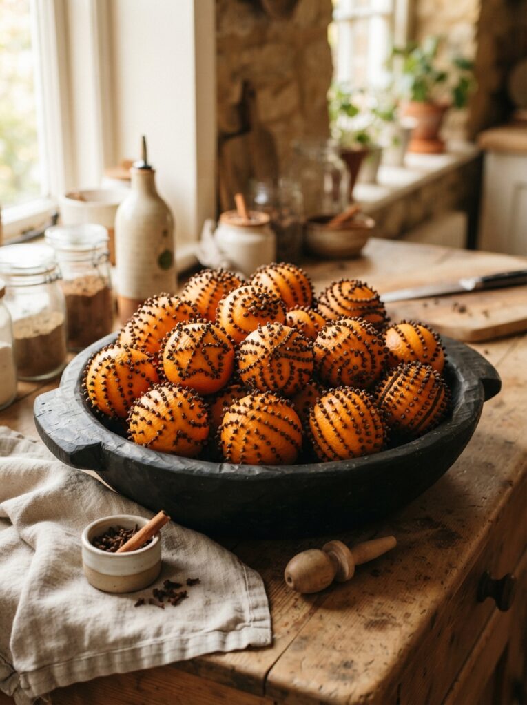 ![A rustic black wooden bowl filled with bright orange oranges densely studded with dark black cloves in geometric patterns, resting on a kitchen counter, warm natural light, vertical Pinterest photography, classic natural pomander styling.]