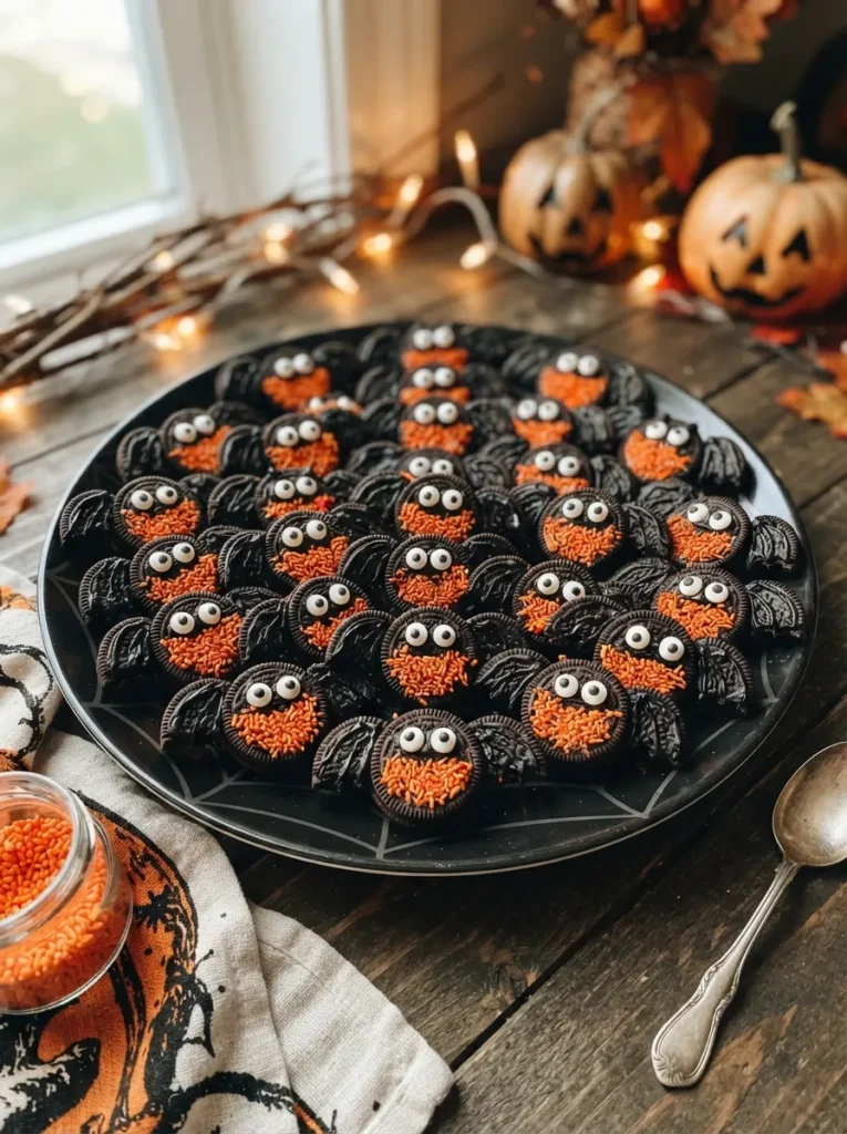 ![Cute Oreo bat cookies made with chocolate sandwich cookies, cookie-wing details, tiny candy eyes, and orange sprinkles, arranged on a Halloween dessert platter, vertical Pinterest photography.]
