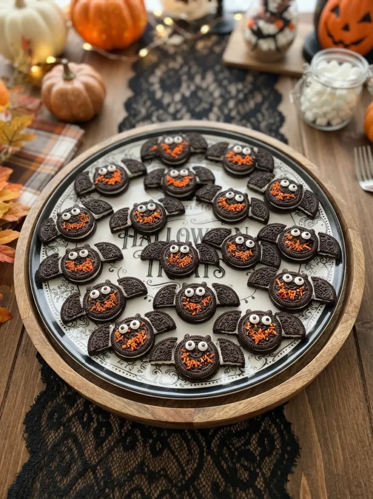 ![Cute Oreo bat cookies made with chocolate sandwich cookies, cookie-wing details, tiny candy eyes, and orange sprinkles, arranged on a Halloween dessert platter, vertical Pinterest photography.]