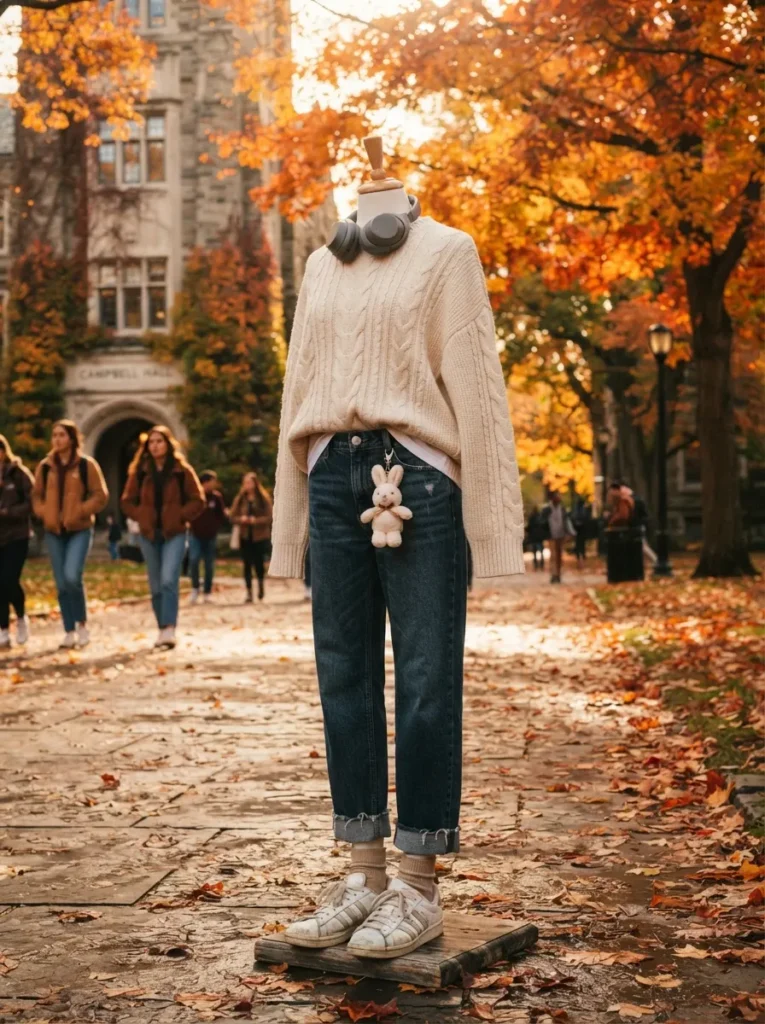 ![Hannah Wells inspired Off Campus Halloween costume, young woman in casual college-style outfit with jeans, cozy sweater, sneakers and headphones, holding a small bunny accessory, autumn university campus setting, warm cinematic lighting, realistic photography, vertical Pinterest composition, no text.]