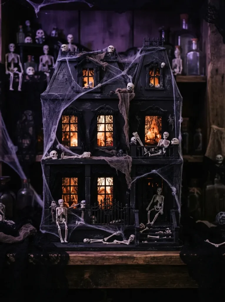 ![Black spray-painted Dollar Tree dollhouse with glowing windows, tiny skeletons, and cobwebs, eerie purple ambient lighting, vertical Pinterest photography, haunted-mansion-dollhouse styling.]