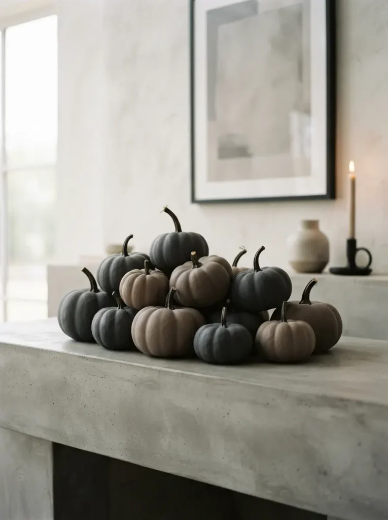 ![A tight cluster of small, matte charcoal and taupe painted pumpkins resting on a modern concrete mantel, minimalist and chic, soft natural lighting, vertical Pinterest photography, monochromatic modern Halloween styling.]