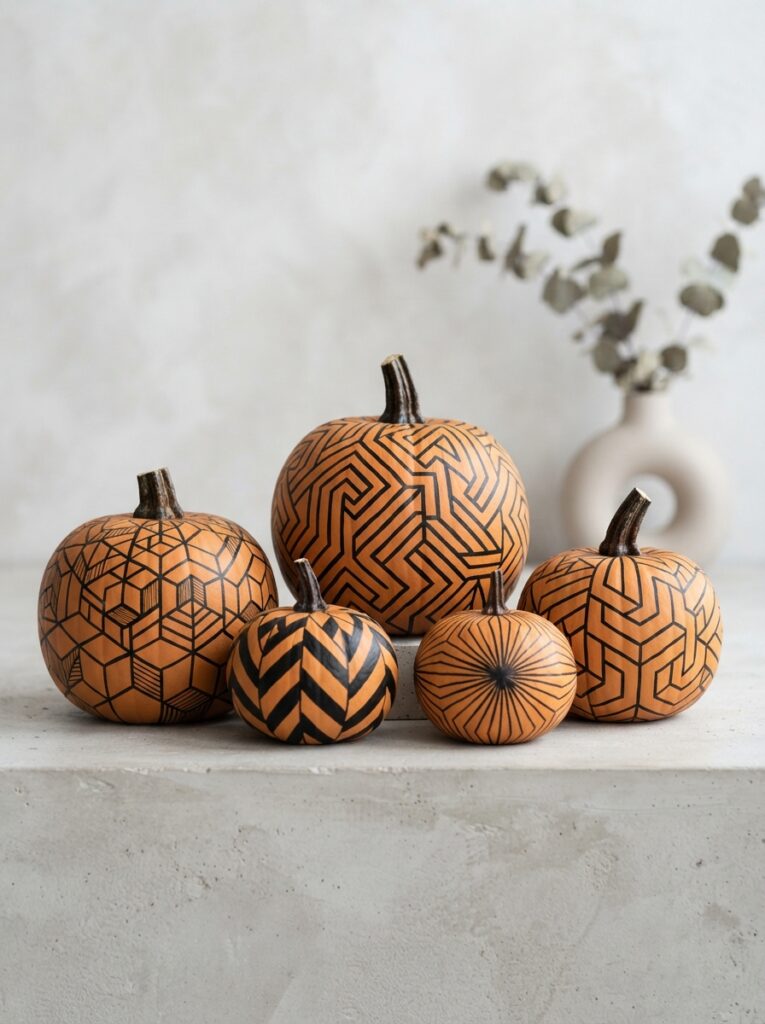 ![A dining table featuring a burnt-orange linen runner topped with a cluster of perfectly smooth, matte black painted pumpkins, stark and modern, bright daylight, vertical Pinterest photography, modern classic table styling.]