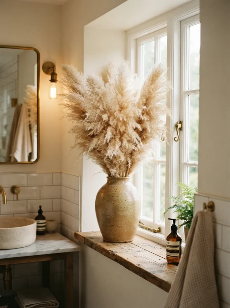 Dried pampas grass in a ceramic vase near a bathroom window, softening the room's clean lines, warm bathroom lighting, vertical Pinterest photography, warm pampas-grass styling.