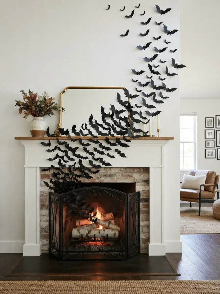 ![A dynamic trail of 3D black paper bats seemingly flying out from a fireplace grate, swooping across a white mantel and up onto the wall, crisp room lighting, vertical Pinterest photography, modern bat migration styling.]