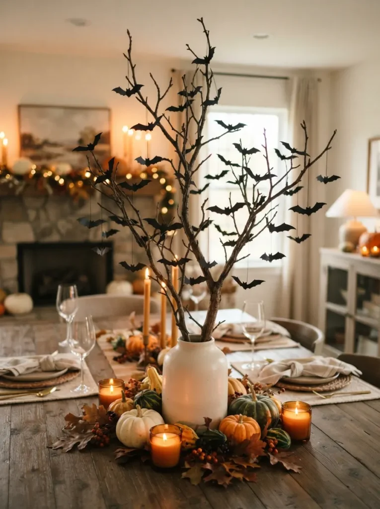 ![A dramatic swarm of black paper bats flying upward across a warm neutral living room wall, bats gradually increasing in size and spreading toward the ceiling, Halloween mantel with small pumpkins below, soft warm lighting, tasteful modern interior, realistic DIY home decor photography, vertical Pinterest composition, no text.]