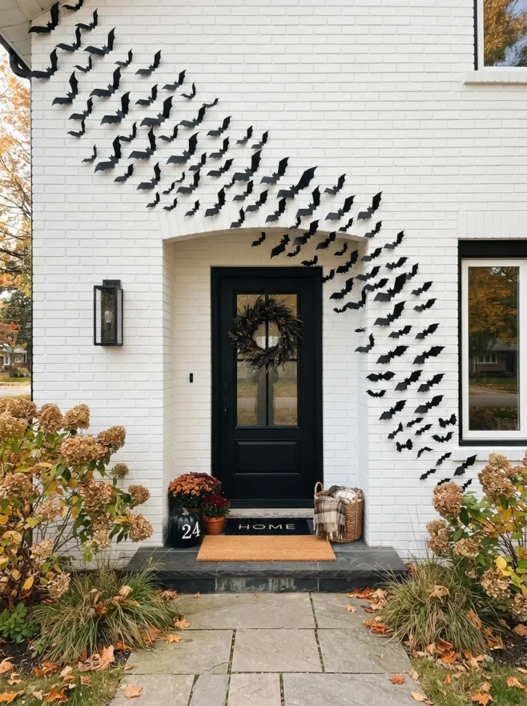 ![A dynamic swarm of 3D black paper bats sweeping diagonally across a white brick house exterior and around a black front door, creating an illusion of flight, crisp autumn daylight, vertical Pinterest photography, modern minimalist Halloween styling.]
