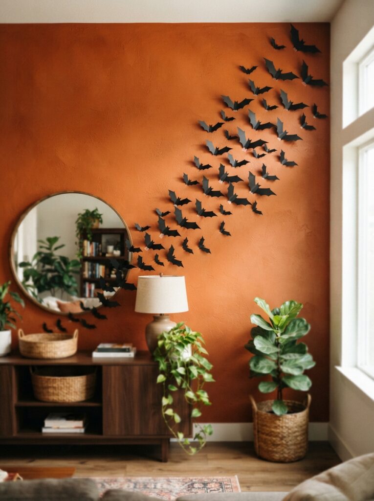 ![A dynamic swarm of 3D black paper bats sweeping diagonally across a deep terracotta-orange accent wall, creating striking high-contrast silhouettes, bright room lighting, vertical Pinterest photography, classic bat swarm styling.]
