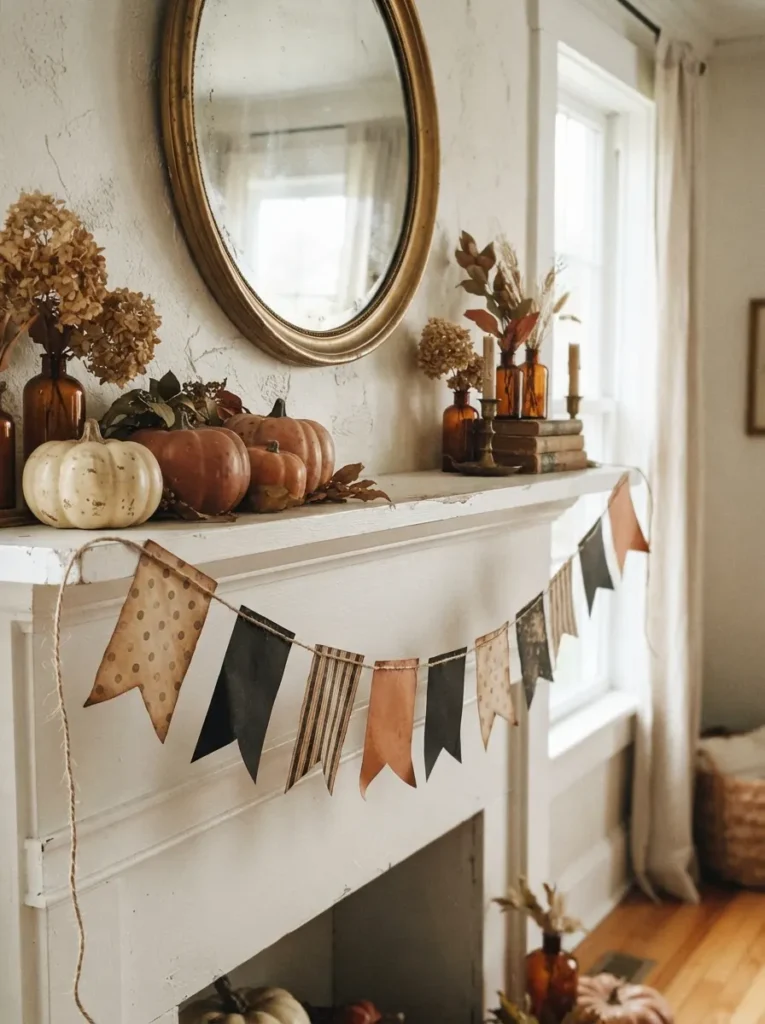 ![Muted orange and black paper bunting draped across a white mantel, soft natural window light, vertical Pinterest photography, faded-bunting styling.]