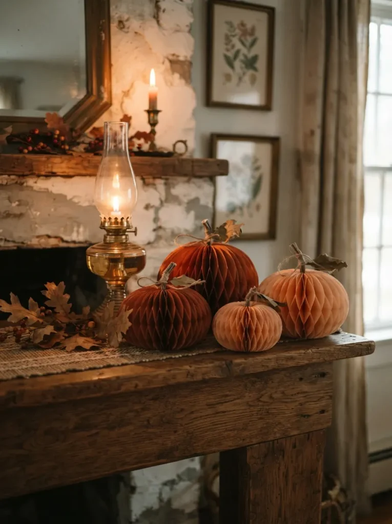 ![Cluster of soft paper honeycomb pumpkins in muted orange on a wooden mantel, warm vintage lamp light, vertical Pinterest photography, nostalgic paper-pumpkin styling.]