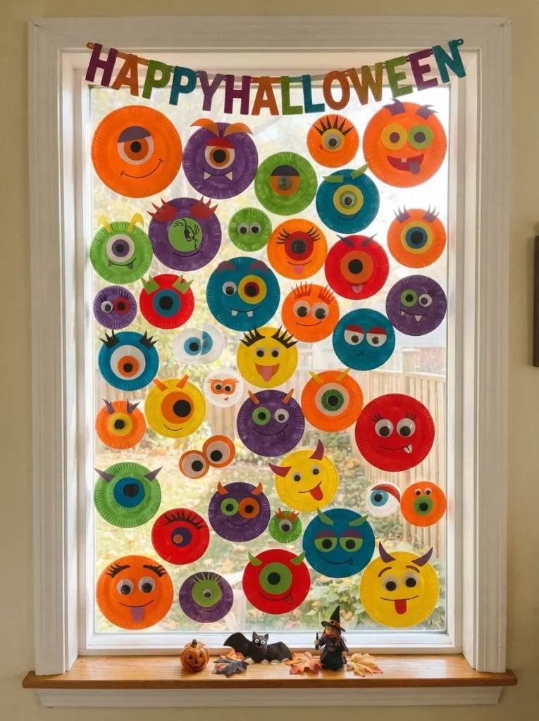 A Halloween window covered with oversized colorful paper plate monster eyes, different pupils, eyebrows, and silly expressions, bright kid-friendly decoration, vertical Pinterest photography.