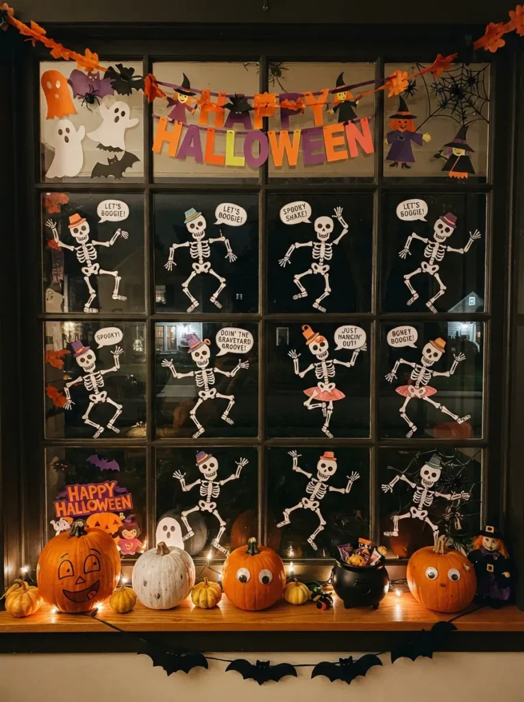 A playful Halloween window with paper skeletons in funny dancing poses, speech bubbles, black background, pumpkins, and kid-made decorations, vertical Pinterest photography.