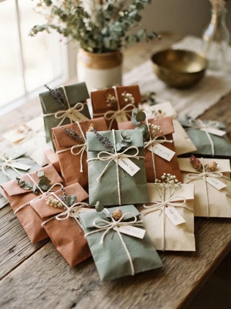 A cluster of small paper treat bags in sophisticated muted tones of dusty sage, terracotta, and cream, tied with natural cotton string, soft warm lighting, vertical Pinterest photography, heirloom color palette packaging styling.