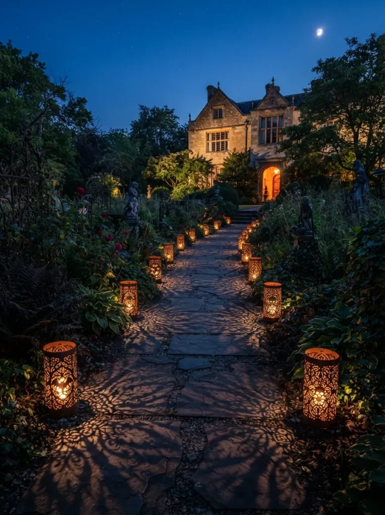 ![A front pathway lined with rusted iron laser-cut luminary markers, casting beautiful intricate shadows on the pavement, evening twilight, vertical Pinterest photography, high-end gothic garden styling.]