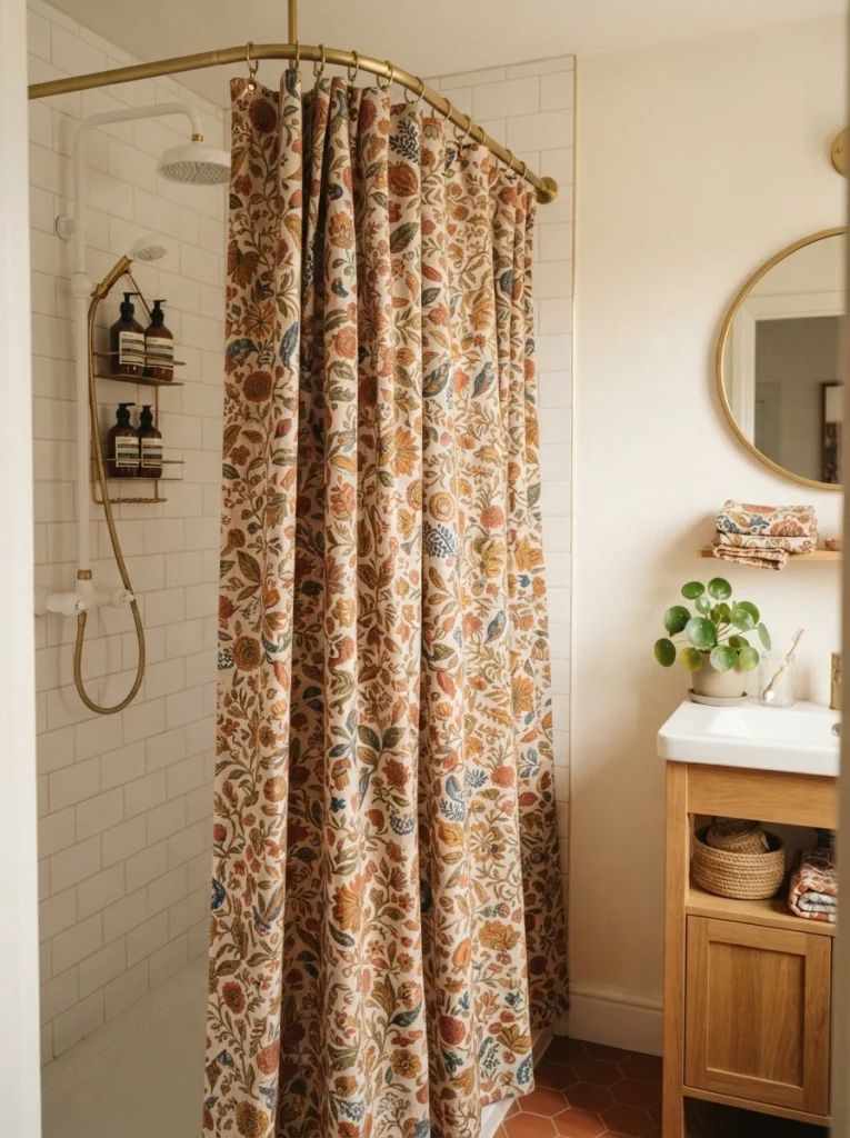 A patterned fabric shower curtain in a small bathroom, replacing a plain dated curtain, warm bathroom lighting, vertical Pinterest photography, warm patterned-curtain styling.