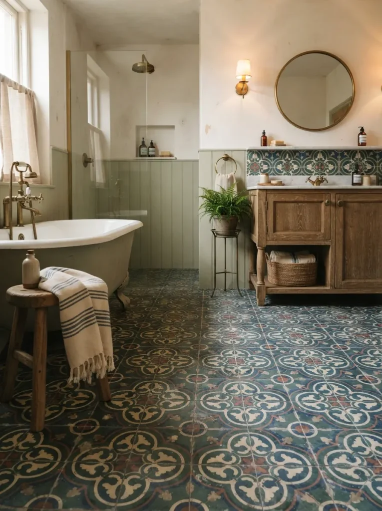 ![Patterned blue-and-green cement tile flooring in a bathroom, characterful foundation, warm bathroom lighting, vertical Pinterest photography, warm patterned-cement-tile styling.]