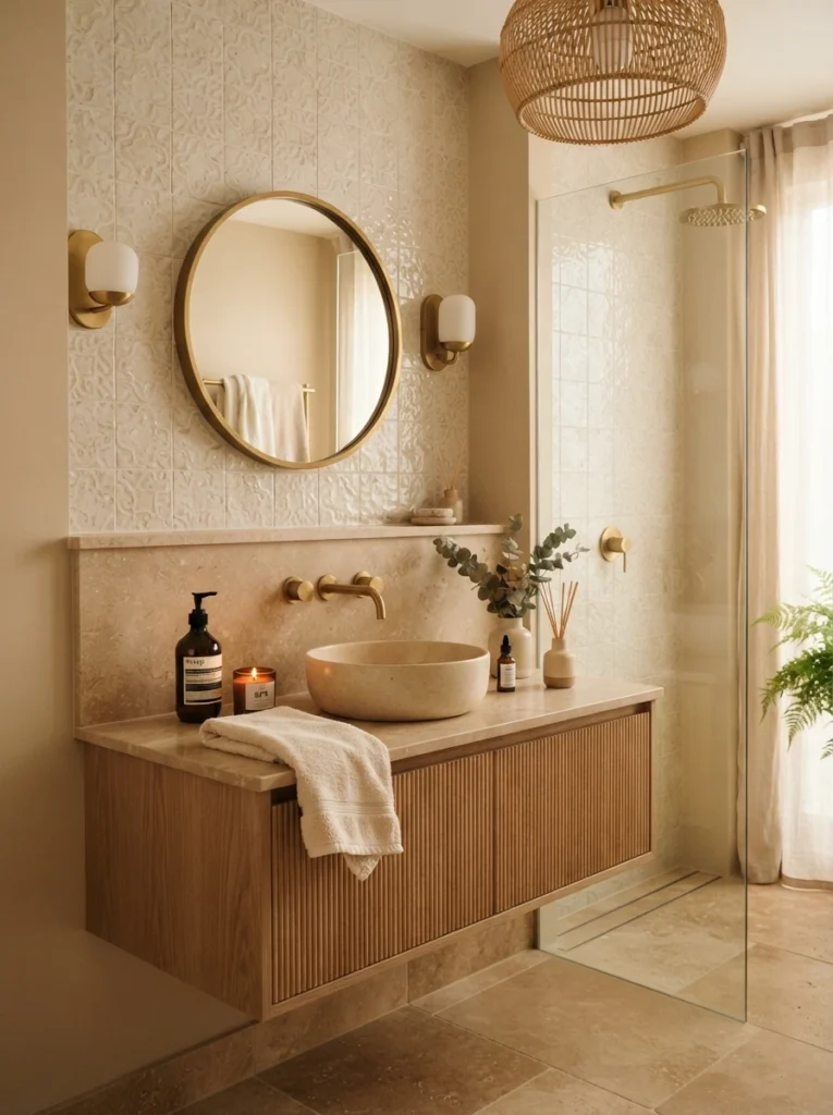Tone-on-tone patterned tile in a spa-style bathroom, subtle texture within a closely related color palette, warm bathroom lighting, vertical Pinterest photography, warm tone-on-tone styling.