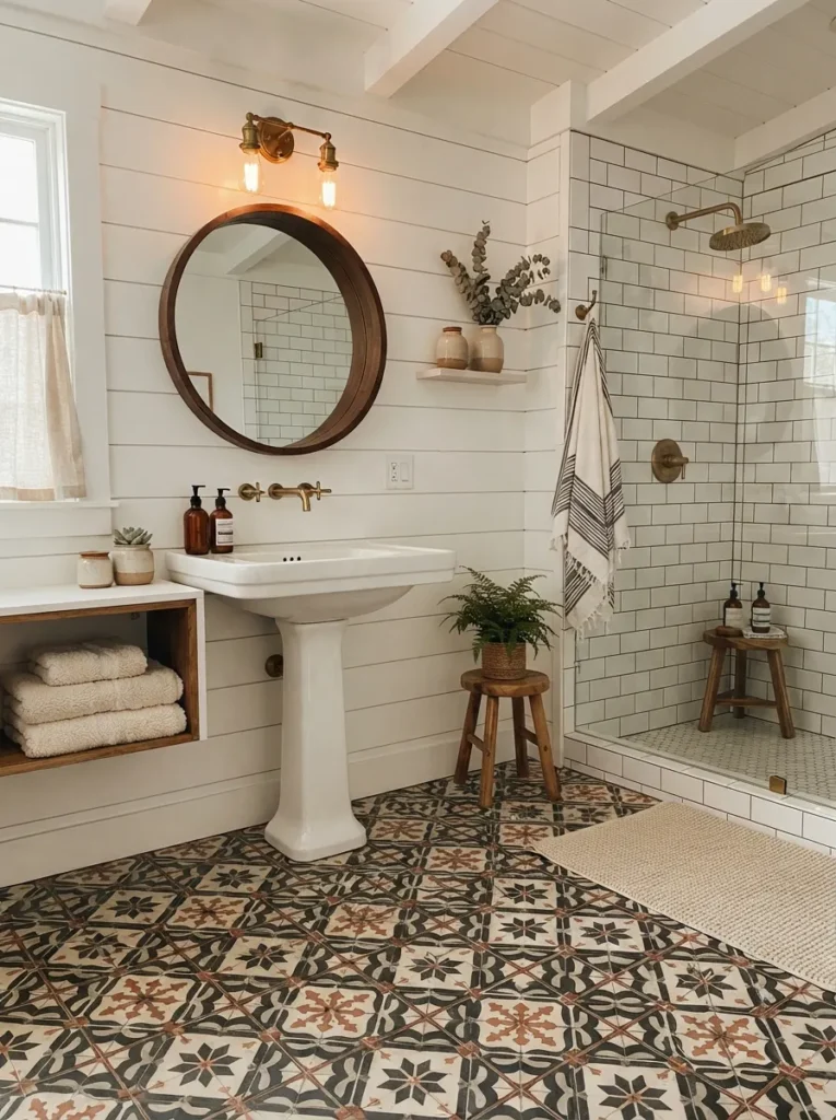 ![Bold patterned floor tile in a farmhouse bathroom, paired with white shiplap walls, warm bathroom lighting, vertical Pinterest photography, warm patterned-floor styling.]