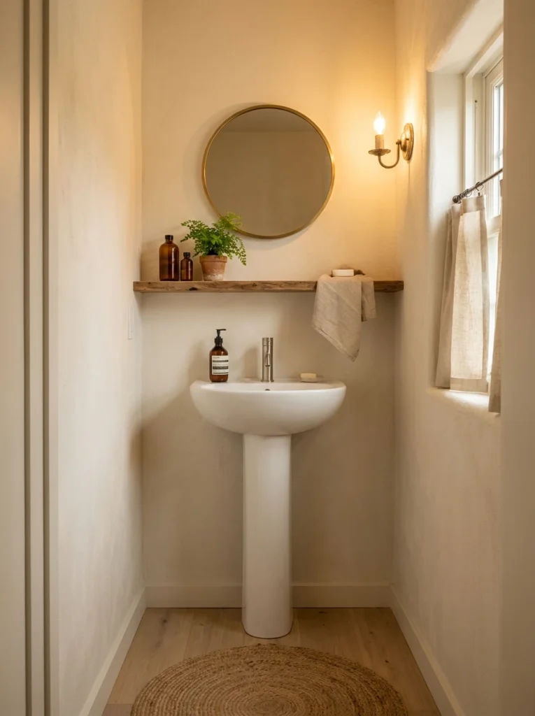 A pedestal sink in a small bathroom, minimal footprint on the floor, warm bathroom lighting, vertical Pinterest photography, warm minimal-footprint styling.