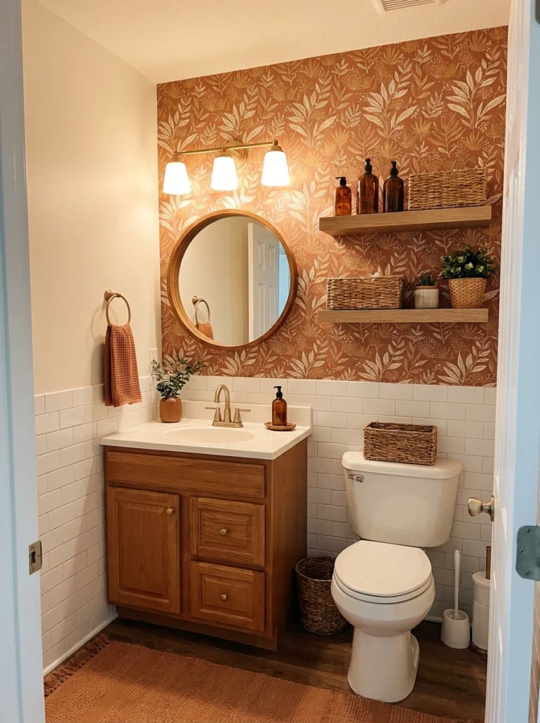 A peel-and-stick wallpaper accent wall in a small rental bathroom, warm bathroom lighting, vertical Pinterest photography, warm accent-wall styling.