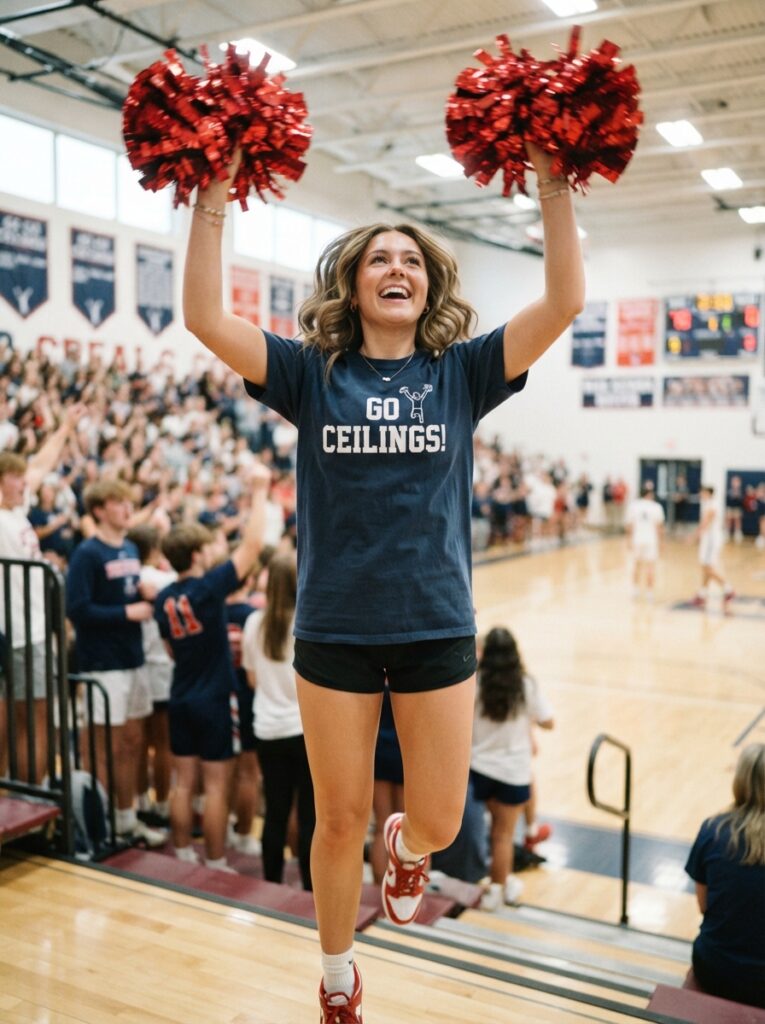 ![A person wearing a t-shirt that says 'Go Ceilings!' holding bright red cheerleader pom-poms and cheering enthusiastically, bright casual lighting, vertical Pinterest photography, clever pun costume styling.]