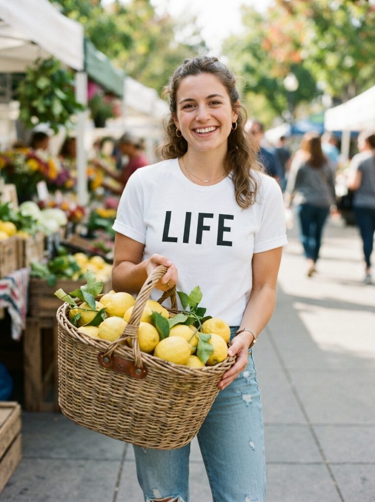 ![A person wearing a crisp white t-shirt with the word 'LIFE' in bold black letters, holding a rustic woven basket overflowing with bright yellow lemons, bright daylight, vertical Pinterest photography, interactive pun costume styling.]
