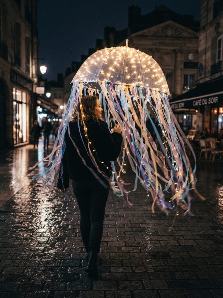 ![A person holding a clear dome umbrella covered in trailing iridescent ribbons and warm fairy lights, resembling a glowing jellyfish, dark evening street, vertical Pinterest photography, magical object art costume styling.]