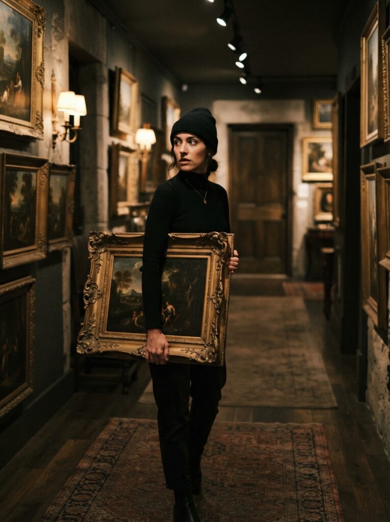 ![A person in a sleek black turtleneck and beanie, looking over their shoulder while holding a large, ornate antique gold picture frame, warm ambient lighting, vertical Pinterest photography, interactive art heist styling.]