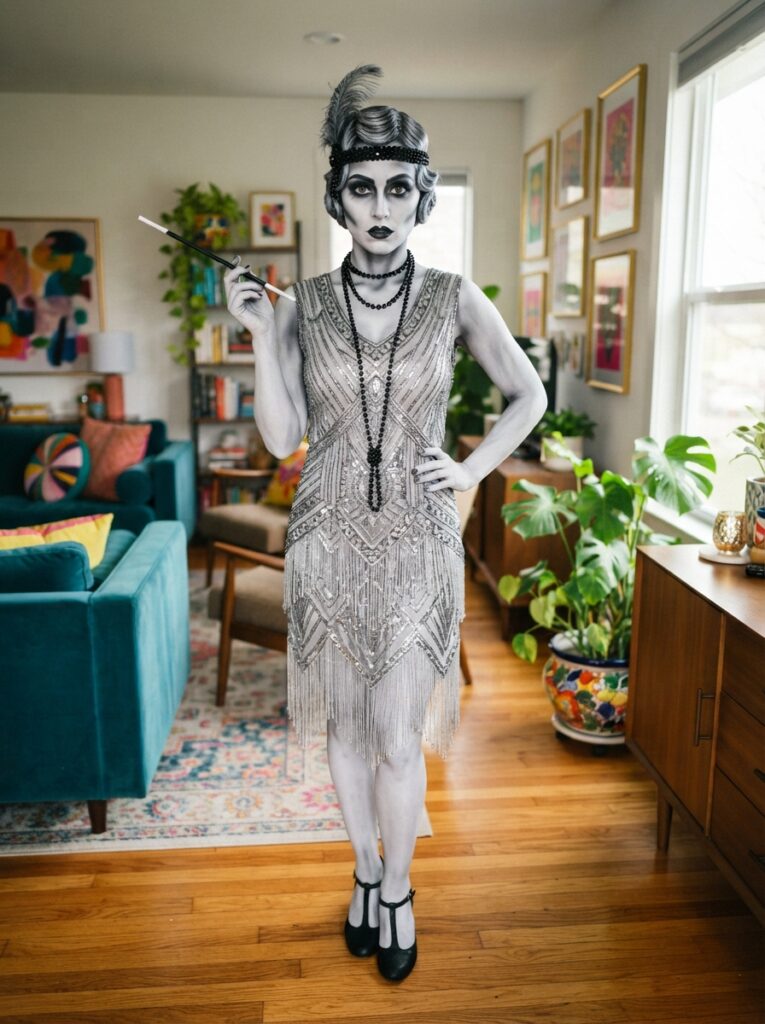 ![A person painted entirely in grayscale makeup, wearing a silver 1920s flapper dress and black pearls, standing out against a colorful modern room, vertical Pinterest photography, silent film star optical illusion styling.]