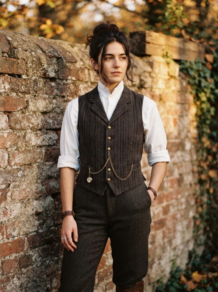 ![A person wearing a tailored, thrifted 19th-century waistcoat, crisp white shirt, and brass pocket watch chain, standing against a brick wall, warm autumnal lighting, vertical Pinterest photography, Victorian industrialist costume styling.]