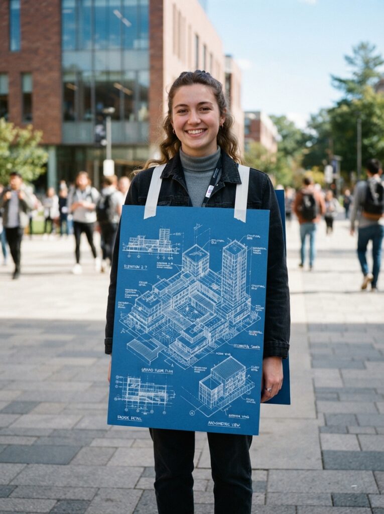![A person wearing a blue poster board sandwich board featuring a highly detailed, hand-drawn 3D isometric architectural layout in white ink, crisp daylight, vertical Pinterest photography, architectural blueprint costume styling.]