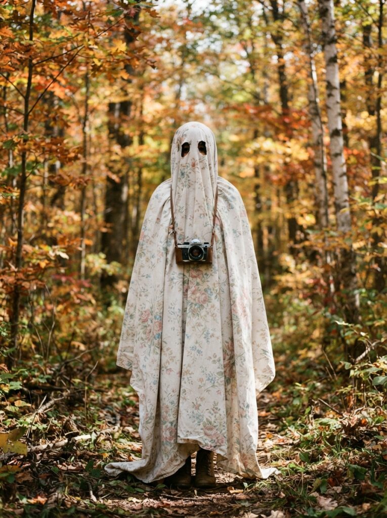 ![A person draped in a beautiful, faded floral vintage bedsheet with eye holes cut out, wearing a classic silver 35mm camera around their neck, standing in an autumn forest, vertical Pinterest photography, aesthetic hipster ghost styling.]
