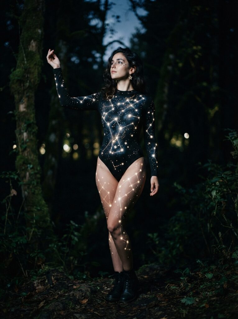 ![A person holding a black umbrella with dozens of 3D paper bats attached to it, appearing to swarm around them, moody evening lighting, vertical Pinterest photography, dynamic bat swarm costume styling.]