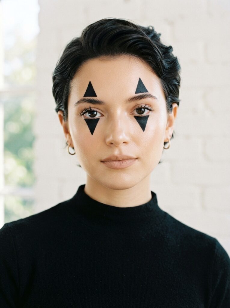 ![A portrait of a person with a clean, flawless makeup base featuring sharp, geometric black triangles painted above and below the center of the eyes, bold and structural, crisp daylight, vertical Pinterest photography, Pierrot clown makeup styling.]