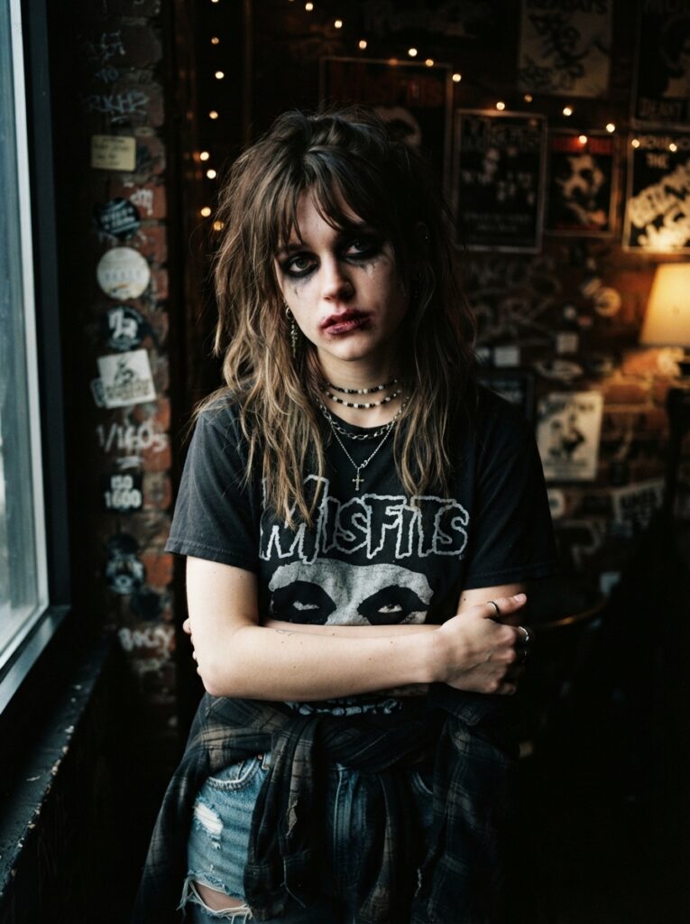 ![A person with a heavy, intentionally smudged black smoky eye and blurred dark plum lipstick, giving an effortless gothic grunge aesthetic, moody low lighting, vertical Pinterest photography, 90s grunge ghost makeup styling.]