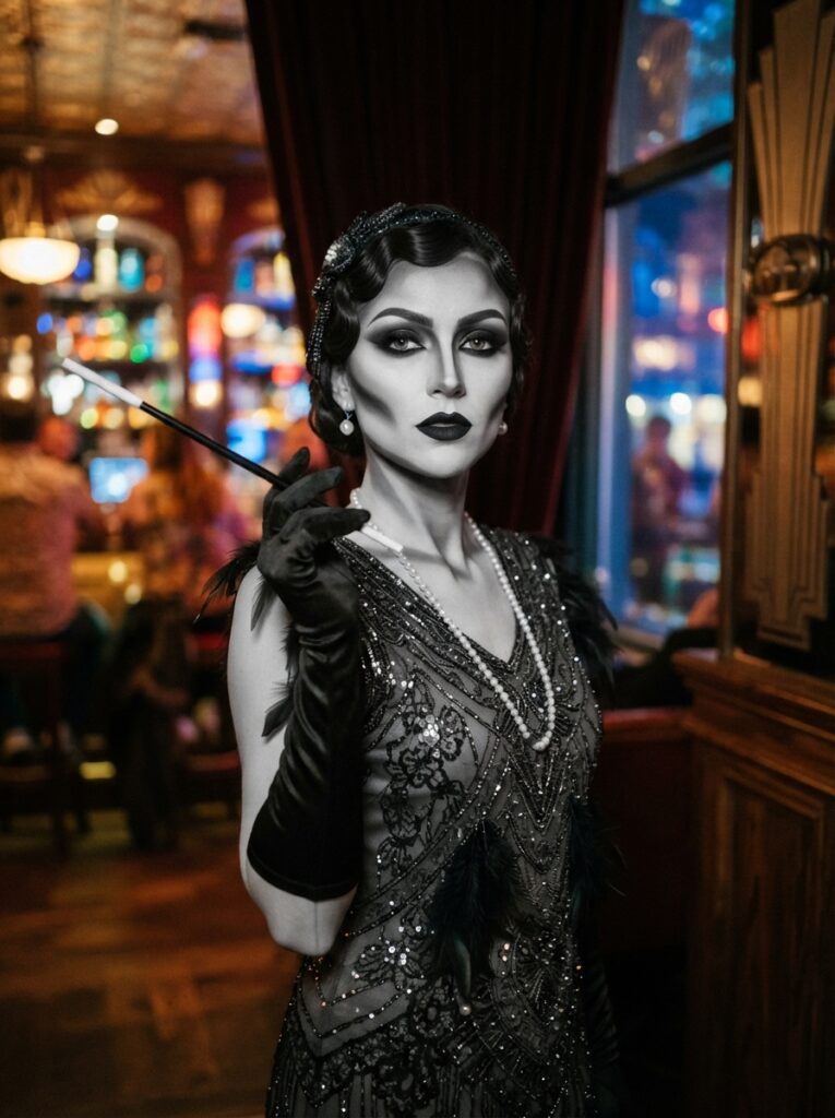 ![A person wearing entirely grayscale makeup with charcoal contouring and black lips, appearing like a vintage black-and-white photograph against a colorful background, vertical Pinterest photography, silent film star illusion styling.]