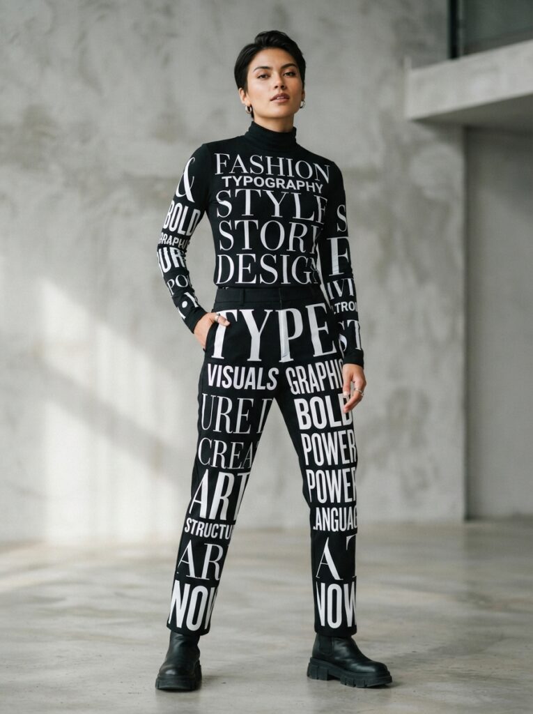 ![A person wearing an all-black long-sleeve outfit covered in perfectly placed, oversized white letters in Didot and Druk Super Condensed typefaces, crisp studio lighting, vertical Pinterest photography, graphic design typography costume styling.]