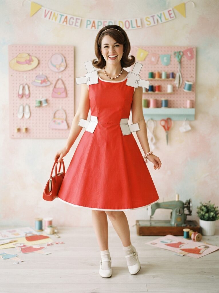 ![A person wearing a bright red vintage dress with oversized white cardboard folding tabs attached to the shoulders and waist, looking like a retro paper doll, bright lighting, vertical Pinterest photography, vintage paper doll styling.]