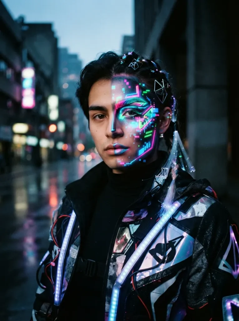 ![A person wearing half-natural, half-neon pixelated makeup split sharply down the middle of the face, representing a digital glitch, moody futuristic lighting, vertical Pinterest photography, fragmented reality costume styling.]