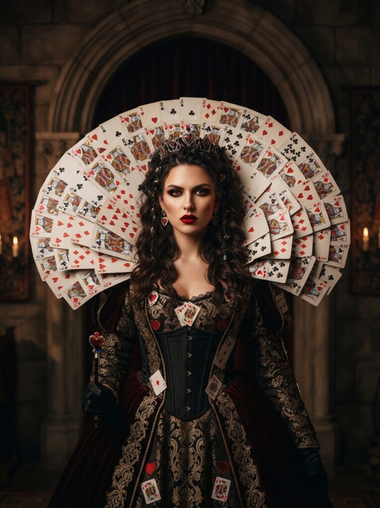 ![A person wearing a dramatic, structural collar made entirely of overlapping playing cards fanned out behind their head, bold red lipstick, moody lighting, vertical Pinterest photography, high-fashion Queen of Hearts styling.]