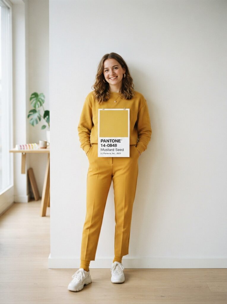 ![A person wearing an entirely mustard-yellow outfit with a white poster board square at the waist reading 'PANTONE 14-0848', standing against a white wall, bright natural lighting, vertical Pinterest photography, graphic designer Pantone styling.]