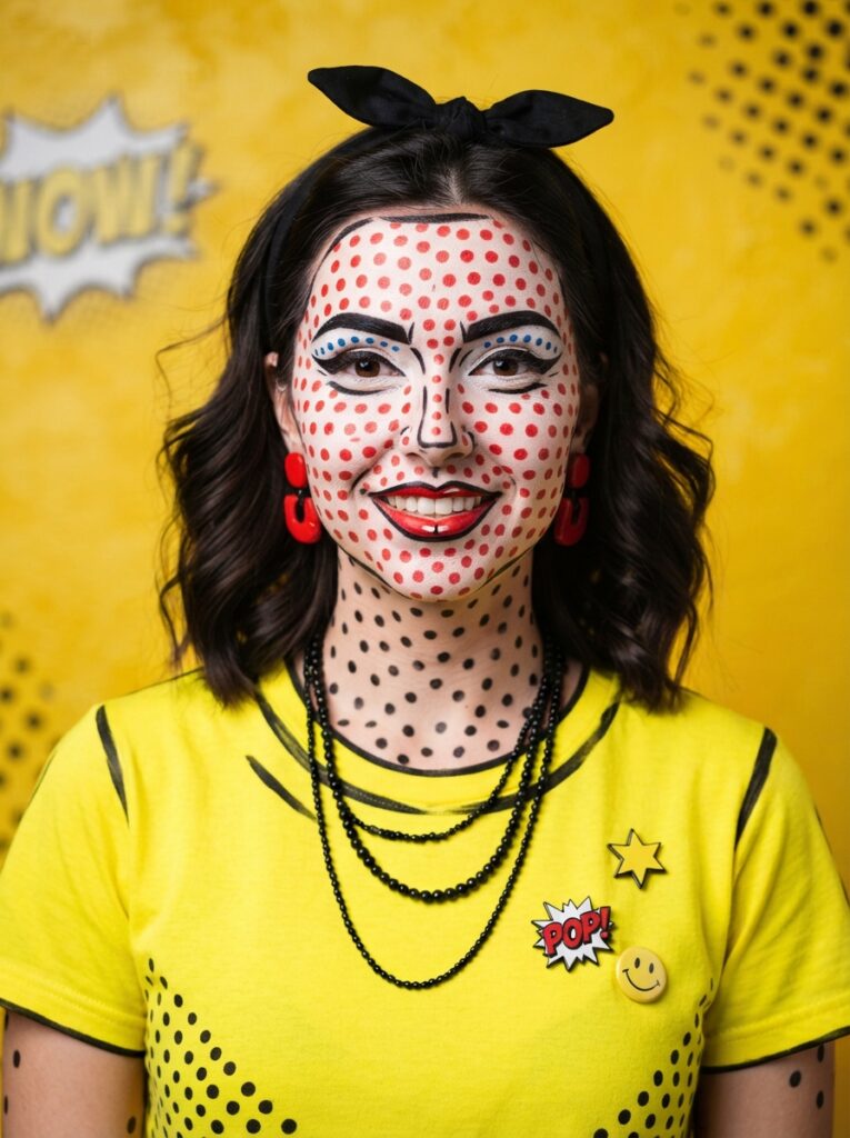 ![A person with bright pop art makeup, featuring sharp black contour lines and uniform red dots across the face, wearing a bright yellow shirt, crisp studio lighting, vertical Pinterest photography, comic book makeup styling.]