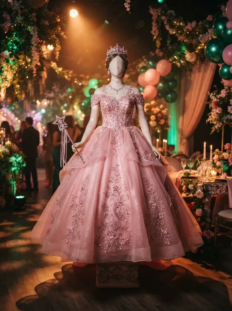 ![Glinda inspired Wicked Halloween costume, woman in an elegant pink ball gown with sparkling details, delicate tiara, soft blonde curls and magical wand, whimsical emerald and pink Halloween party setting, glowing theatrical lighting, realistic fashion photography, vertical Pinterest composition, no text.]
