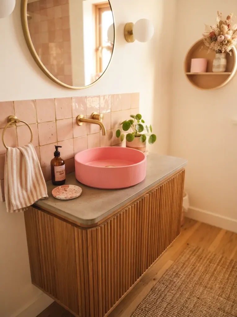 ![A bold pink countertop basin on a bathroom vanity, playful modern statement, warm bathroom lighting, vertical Pinterest photography, warm pink-basin styling.]