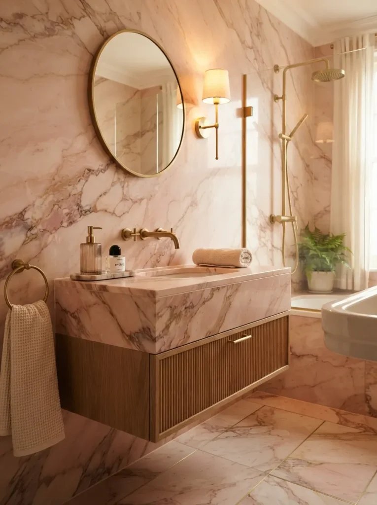 ![Portuguese pink marble with rose veining used on a bathroom wall and vanity, luxurious hotel-inspired look, warm bathroom lighting, vertical Pinterest photography, warm pink-marble styling.]