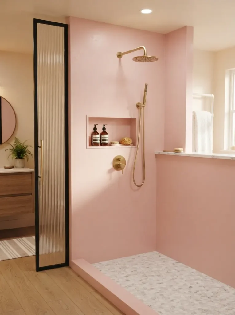 ![Seamless pink shower wall panels in a bathroom, no visible grout lines, warm bathroom lighting, vertical Pinterest photography, warm seamless-panel styling.]