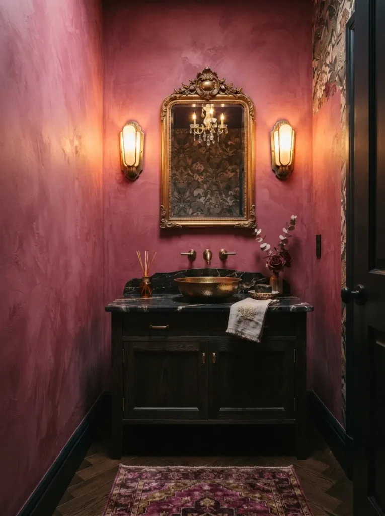 ![Rose-tinged floral wallpaper in a small bathroom, vintage-inspired character, warm bathroom lighting, vertical Pinterest photography, warm rose-wallpaper styling.]