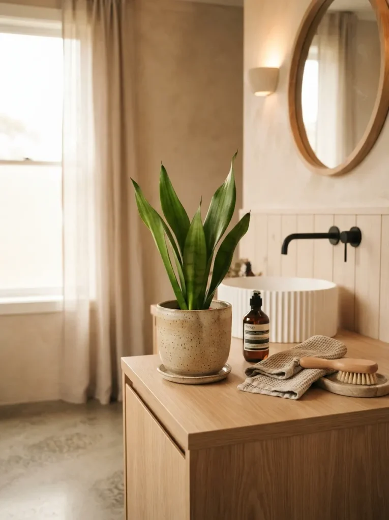 Slatted wood paneling on a Japandi bathroom wall, adding texture and dimension, warm bathroom lighting, vertical Pinterest photography, warm slatted-wood styling.