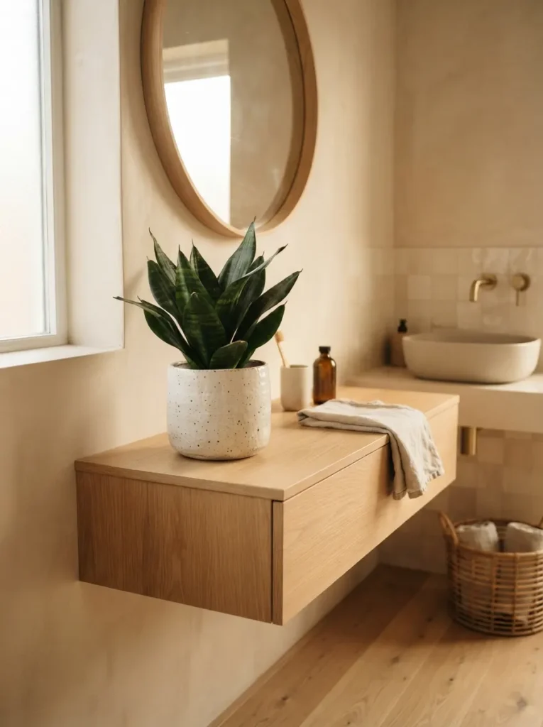A single low-maintenance plant in a Japandi bathroom, snake plant or pothos, warm bathroom lighting, vertical Pinterest photography, warm minimal-plant styling.